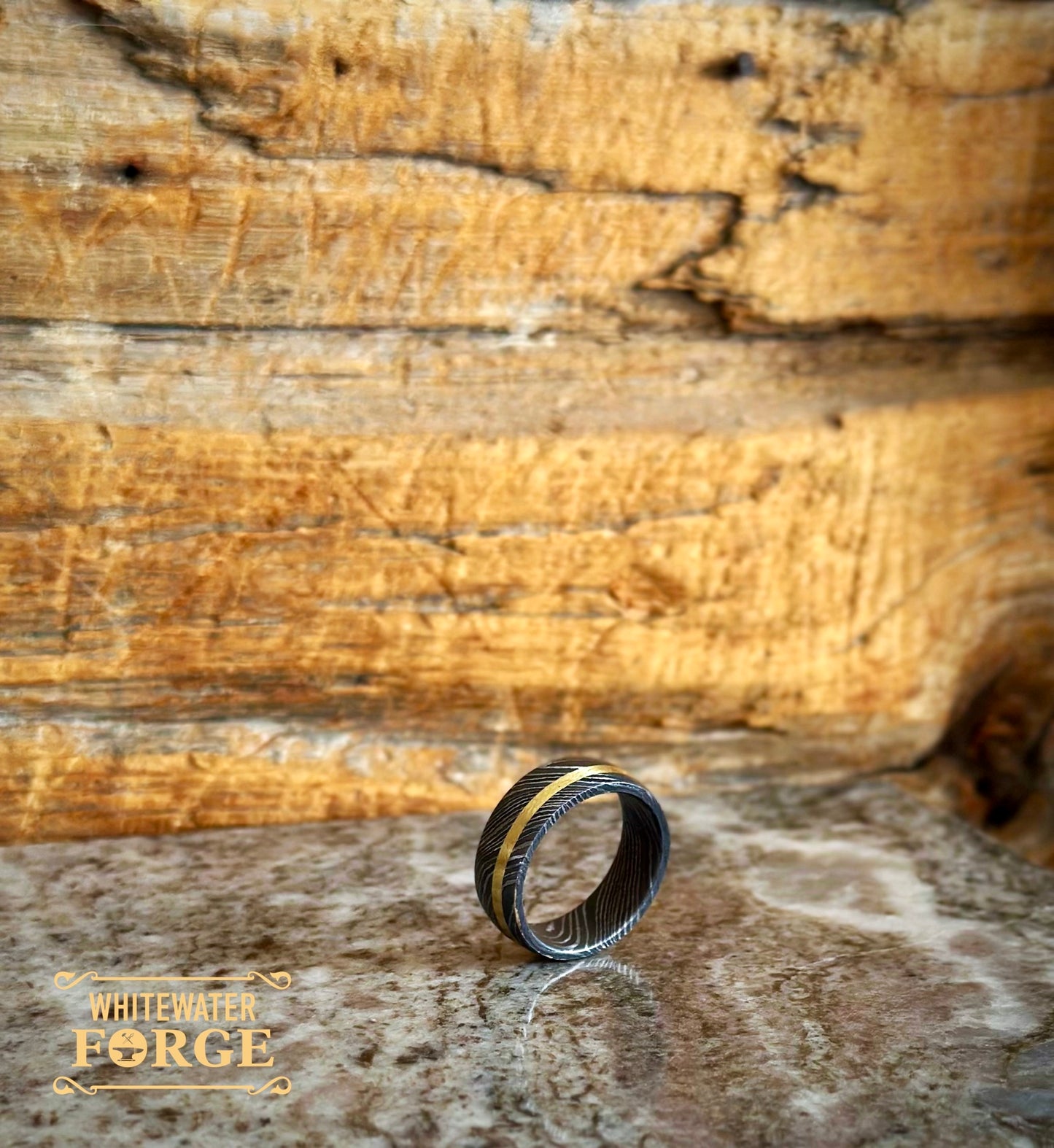 Damascus Wedding Band With Gold 18k Inlay